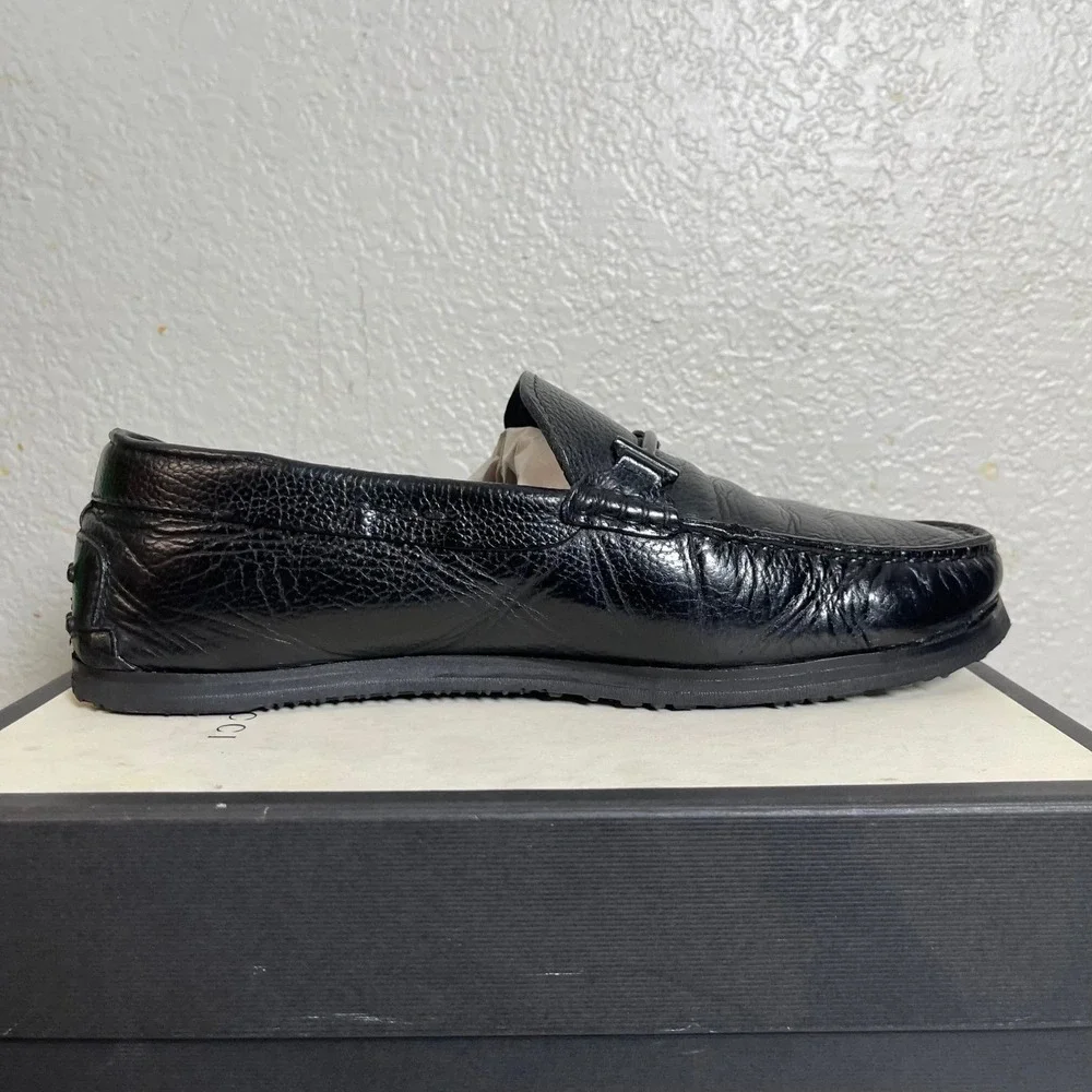 TODS Men's Black Leather Gancini Buckle Loafers Casual Shoes‎ Vibram Size 10 D
